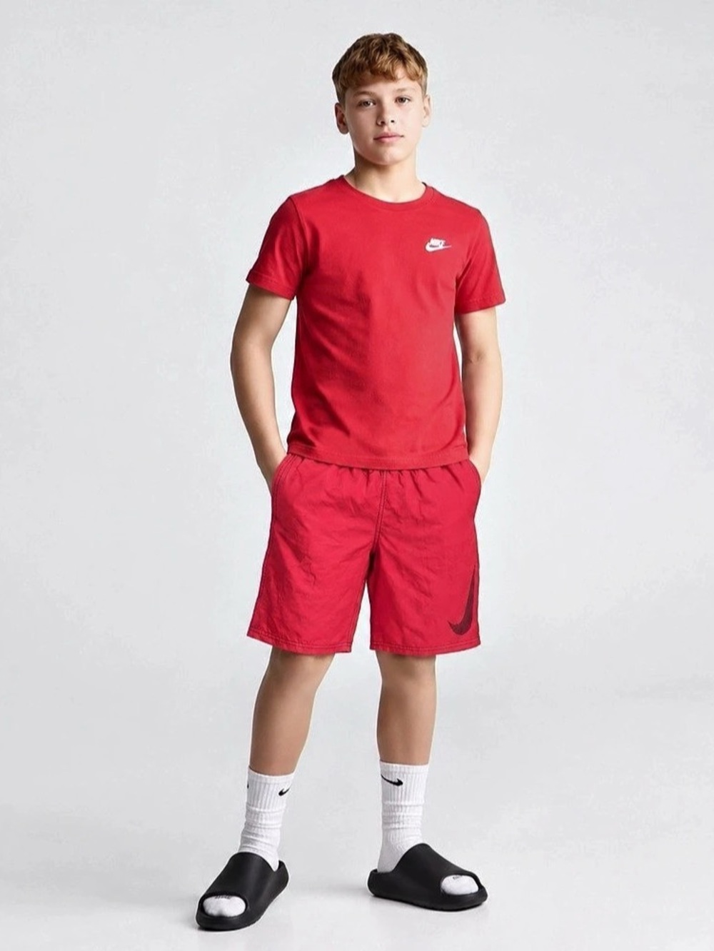 Nike Boys Logo Tape 7" Volley Swim Shorts Red Boys Large